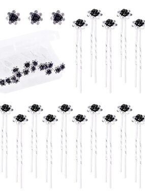 40Pcs Black U-Shaped Crystal Hair Pins Rose Flower Rhinestone Hair Clips Hair Ac